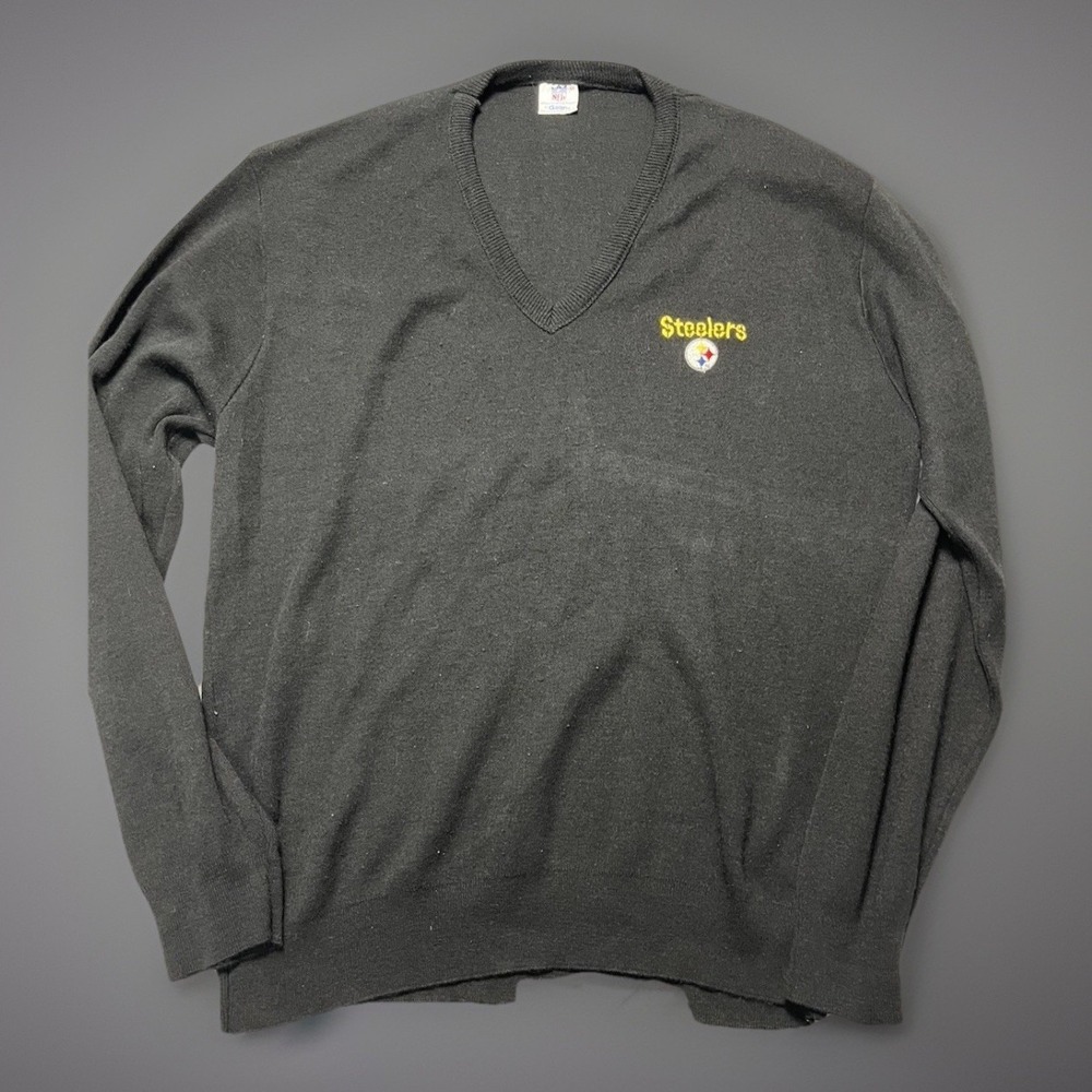 Vintage 80s Pittsburgh Steelers V Neck Sweater Mens XL Black Garan NFL USA Made